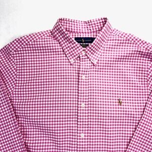 Polo Ralph Lauren Mens XXL Slim Fit Pink Gingham Oxford Shirt Long Sleeve
